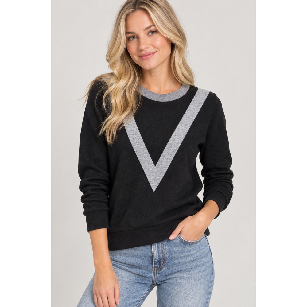 J.Crew Crew Neck Sweater Contrast V-Chevron Stripe Black Gray